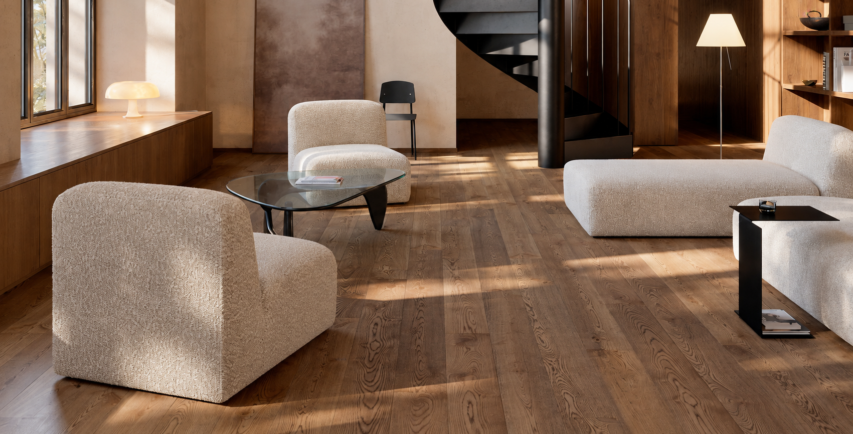 Sàn gỗ công nghiệp NOËL Parquet lát kiểu ô vuông nghệ thuật, tạo không gian phòng khách ấm cúng